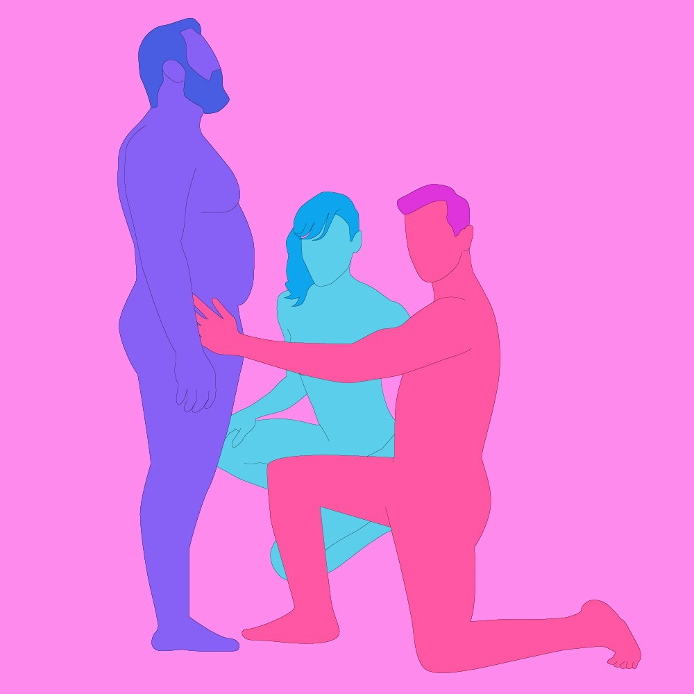 A naked illustrated group of people engaging in a threesome.